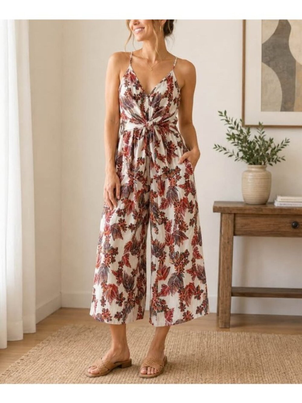 Free People Floral Wide Leg Jumpsuit Boho Tie Waist Cropped Tropical Print XS